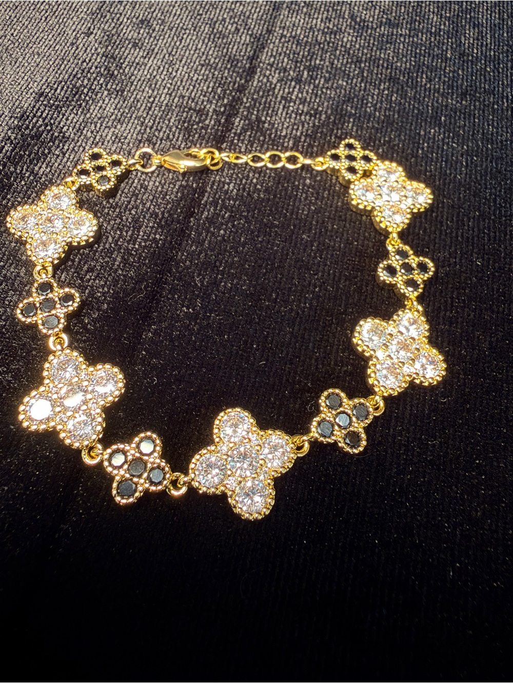 AAA CZ & Black Onyx 14k GP Clover Pavé Cable Link Charm Bracelet 6.5-7.5 in